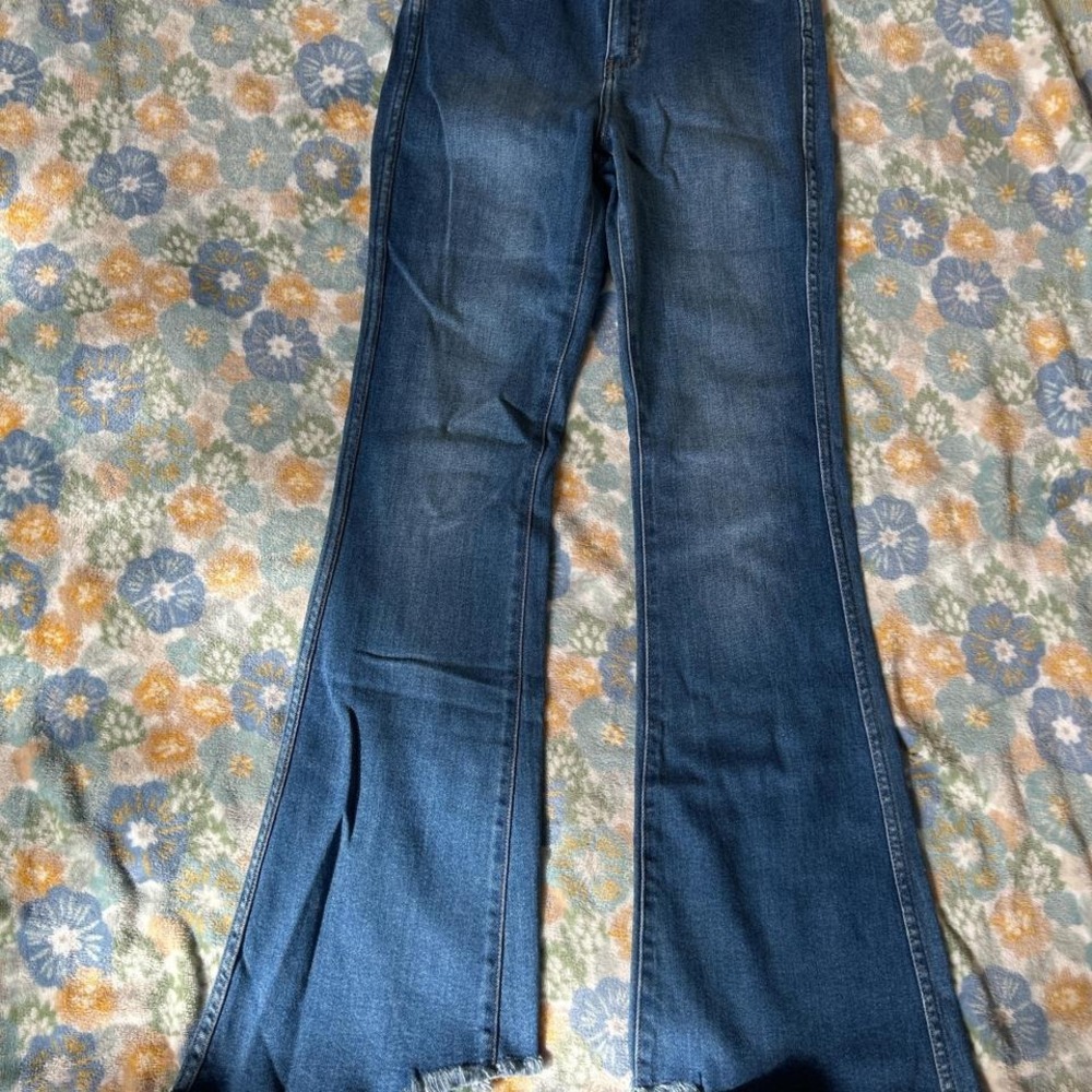Nature Denim flare high rise blue jeans with frayed hem women's 7/27 NWT